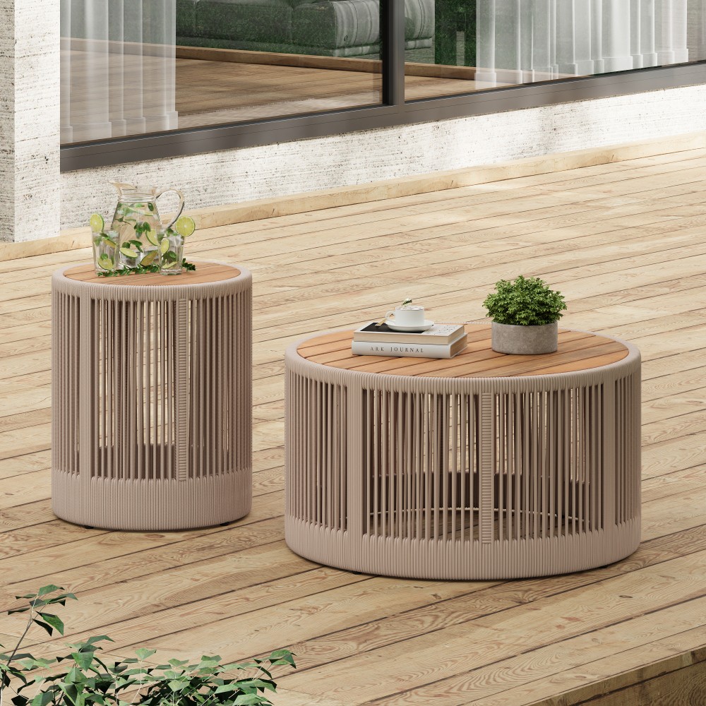 Industrial Coffee and Side Table Set with Rattan Weave, Rustic Decor