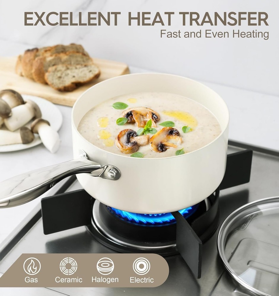MICHELANGELO Sauce Pan Sets - Ceramic with Lid, 1+2+3 Quart, White