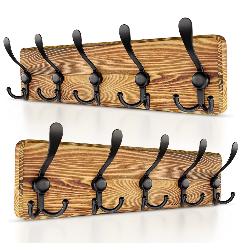 Rustic Coat Rack Wall Mount – Solid Pine Wood Wall Coat Rack with 5 Triple Ho...