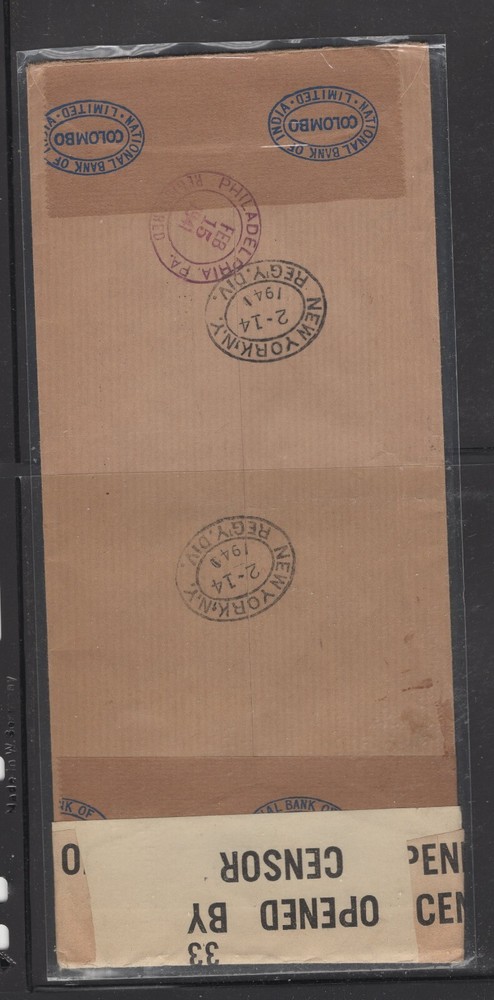 Ceylon long censor cover to US registered