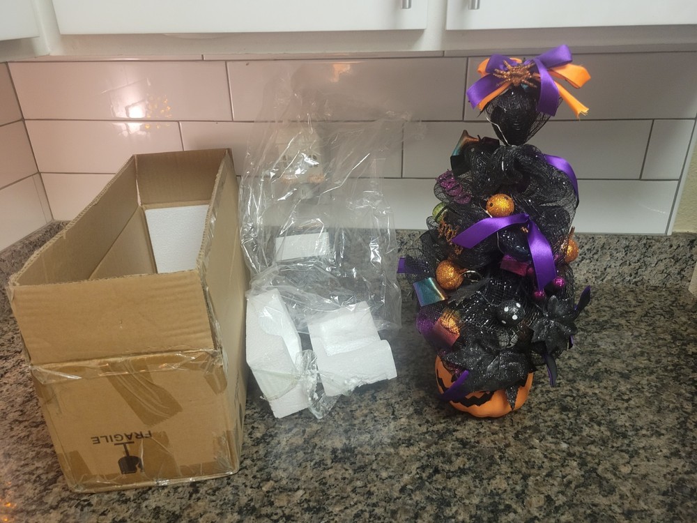 Jack O Lantern Halloween Tree Led Light Black Orange Deco Mesh