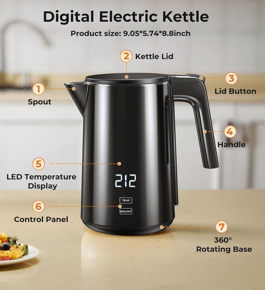 Electric Kettle 1.0L | 7 Temp Control, Cool Touch, Keep Warm, Auto Shut-Off
