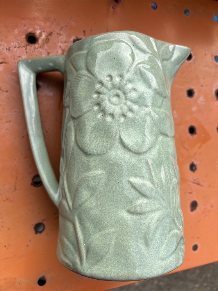 7.5” Home Interiors Green Ceramic Pitcher.