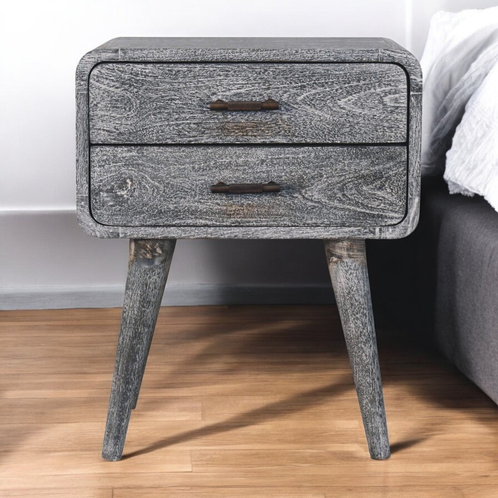Solid Wood Sandblasted Ash Curved Bedside, 2-Drawers, Gray,Solid mango wood