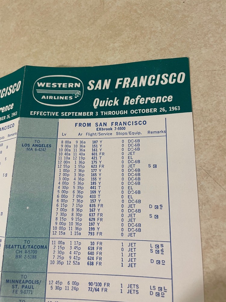 Western Airlines San Francisco Quick Reference Schedule 1963