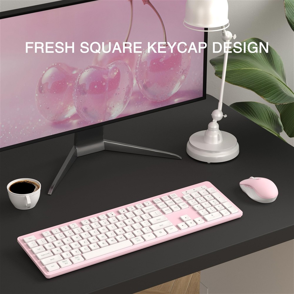 Wireless Keyboard Mouse Combo FullSize 104Key Numeric Keypad Pink White
