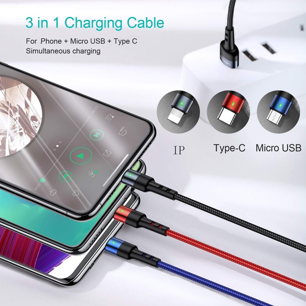 USAMS Multi USB Cable 1ft 2Pack Short 3 in 1 Charging 1FT, Multicolored