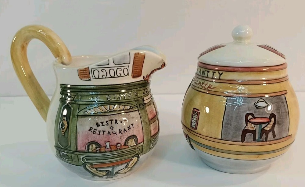 Sakura Hand Painted Earthenware Sugar & Creamer Paris Bistro Set