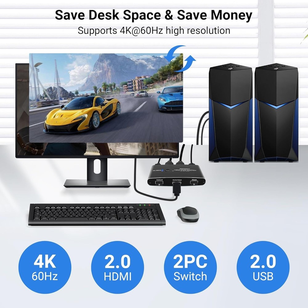 Effortless HDMI KVM Switch for 2 Computers - USB Cables Included, 4K Support