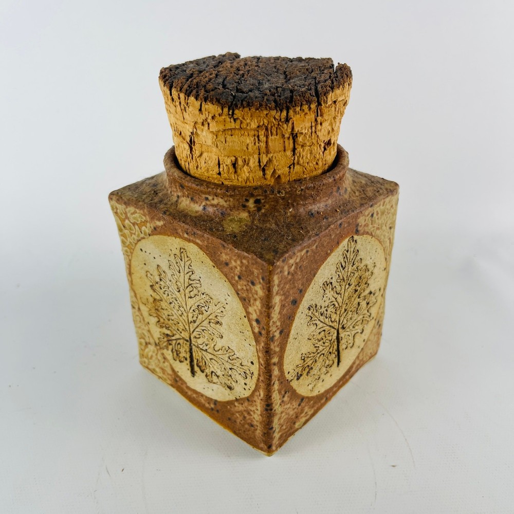 Leaf Art Pottery Square Jar with Primitive Cork