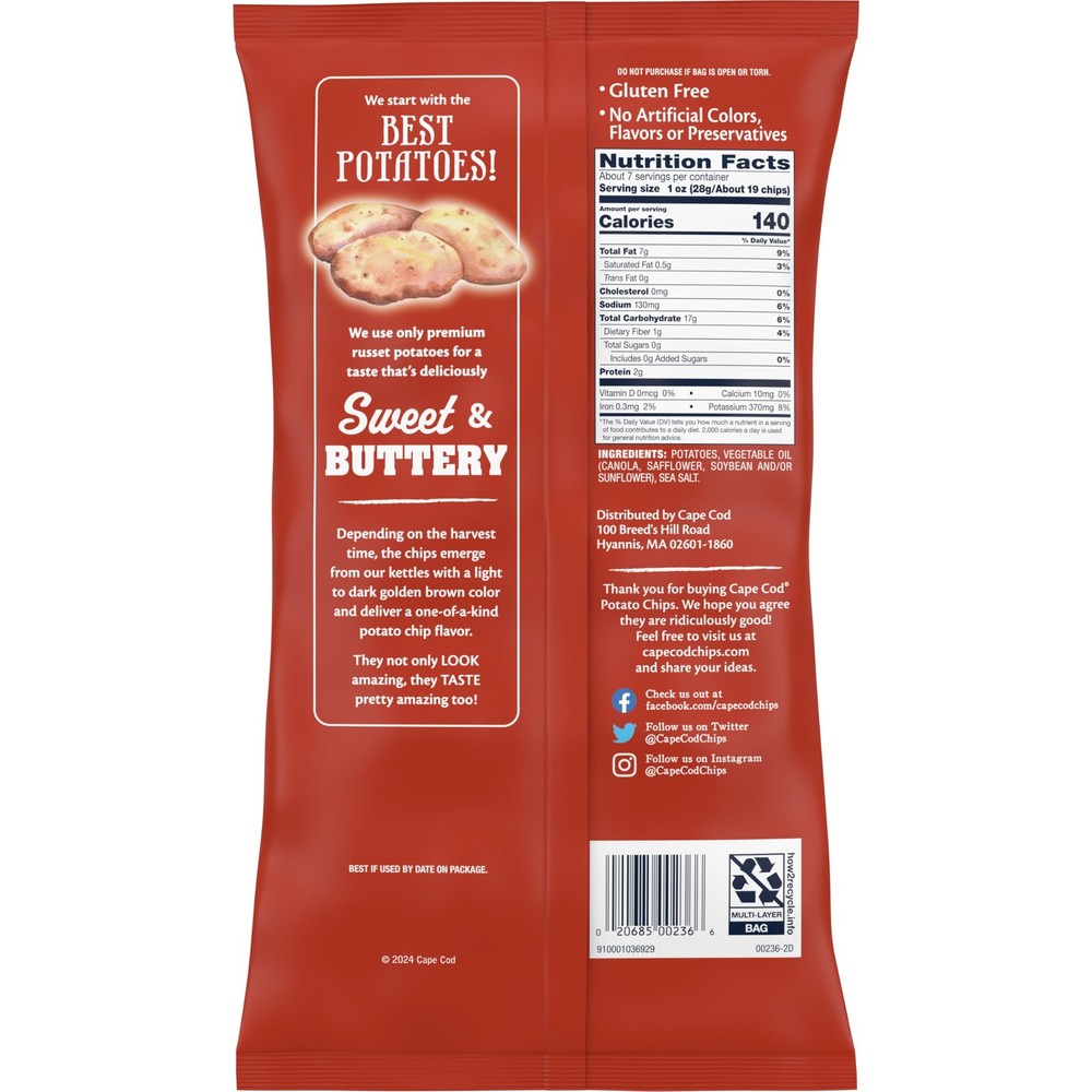 Cape Cod Potato Chips, Russet Kettle Chips, 7.5 Oz
