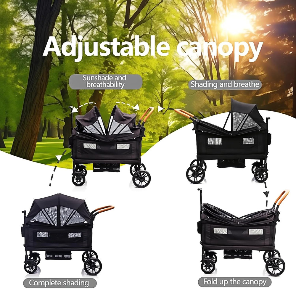 Luxury Wagon Stroller for 2 Kids & Cargo-Lightweight Foldable Travel Push Pull A
