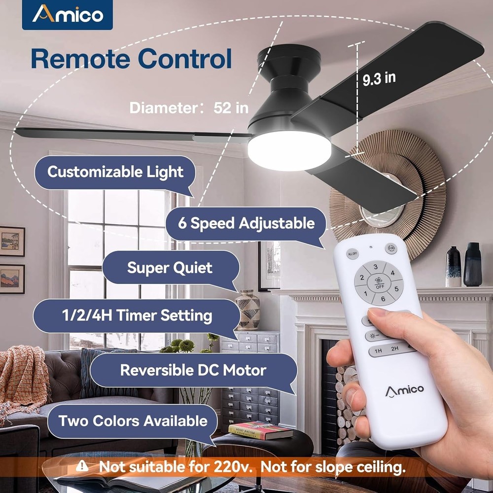 Flush Mount Ceiling Fan, 52 Inch with Reversible Blades and Timer Feature