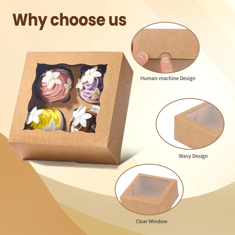 Cupcake Boxes 6.2x6.2x3 Inches 20 Pack with Window & 4 Cavity - Versatile Bak...