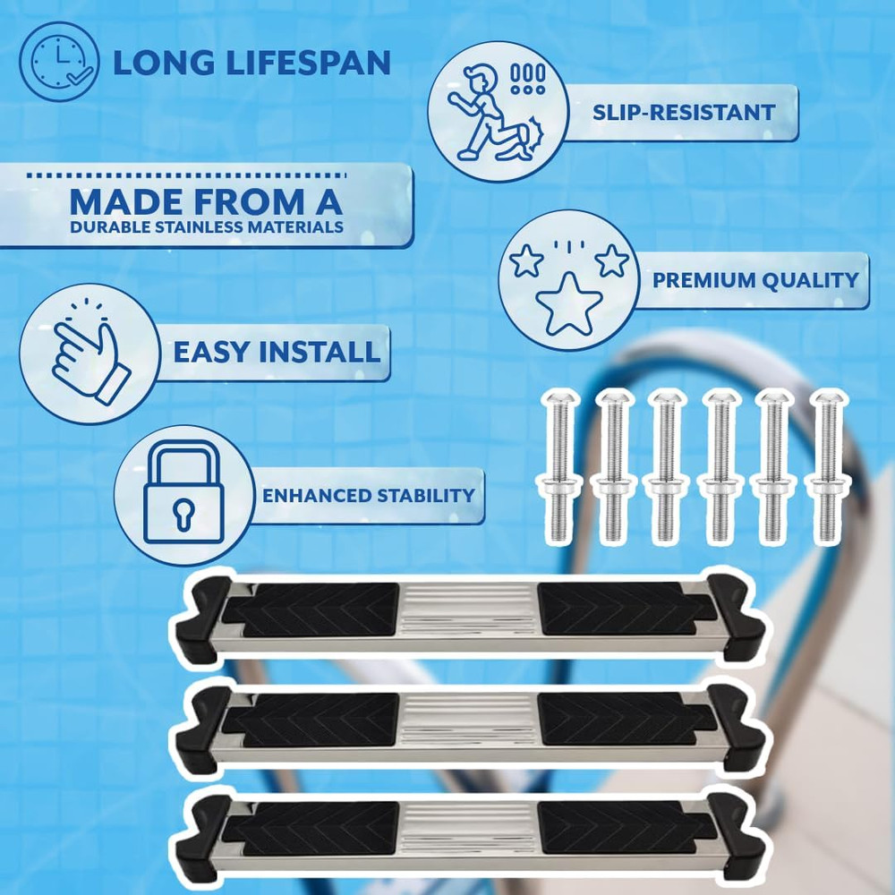Poolzilla 3 Pack Pool Ladder Replacement Step, Stainless Steel Treaded Design, 1