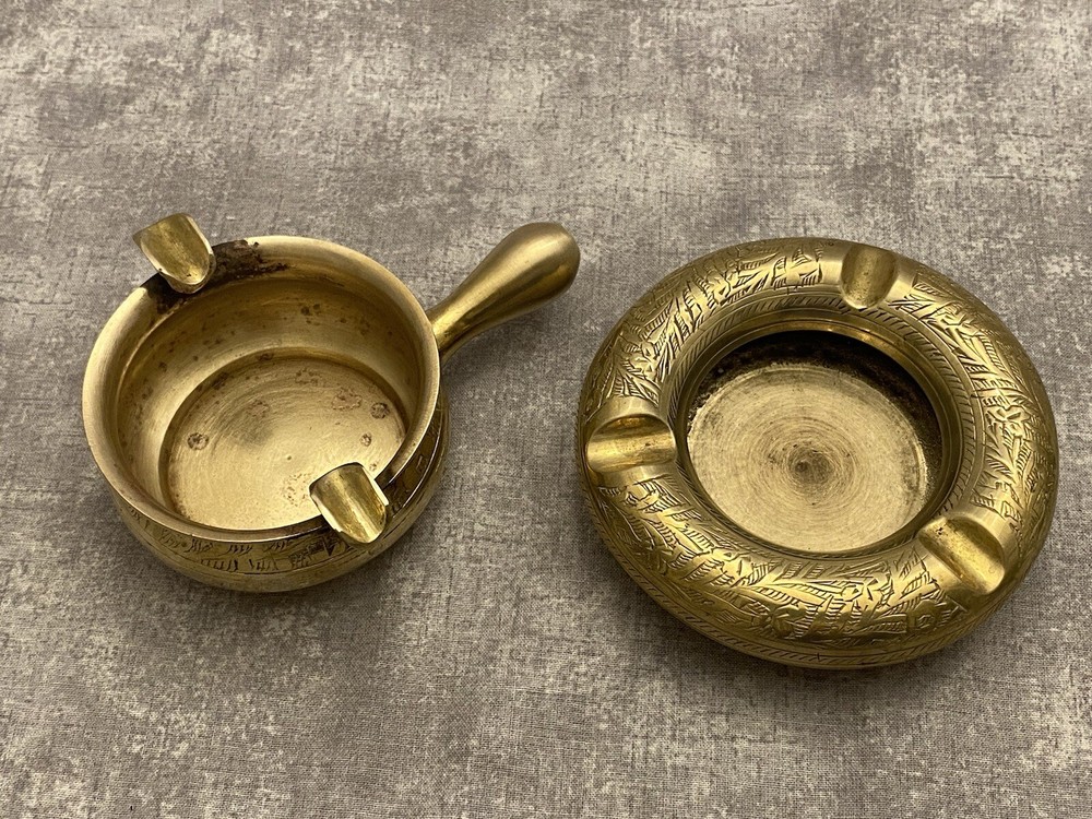 2- Vintage Brass Ashtrays Etched Designs Classy!