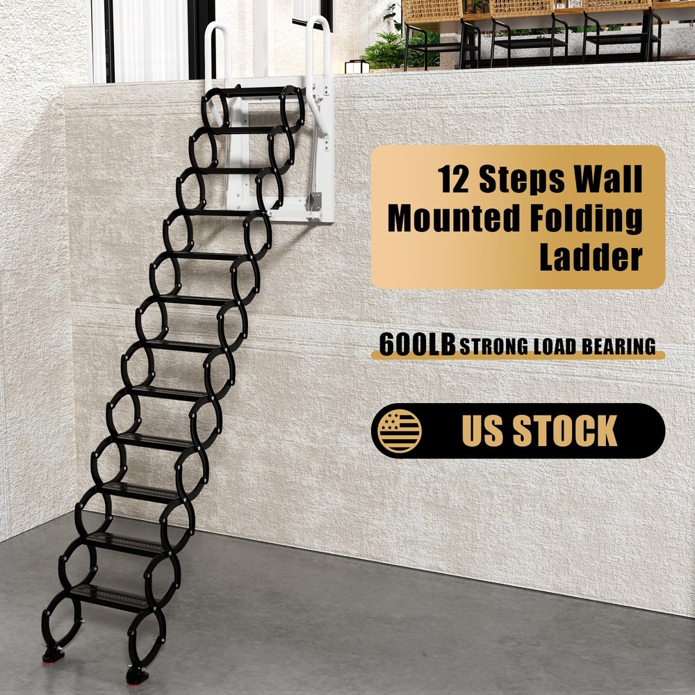 Wall Mounted Folding Ladder Black Loft Attic Stairs Pull down 12 Steps👍