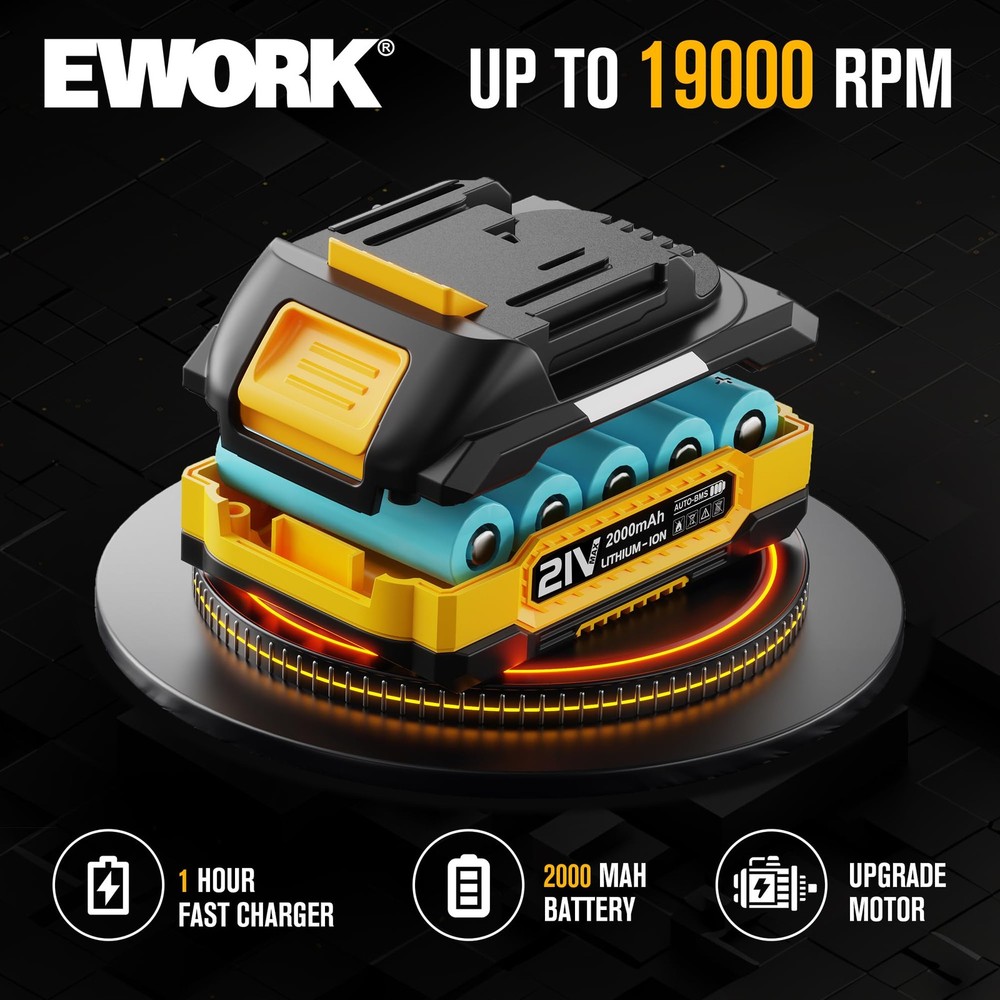 EWORK Small Leaf Blower Cordless 21V 130CFM/200MPH 2*2.0Ah Battery, Yellow