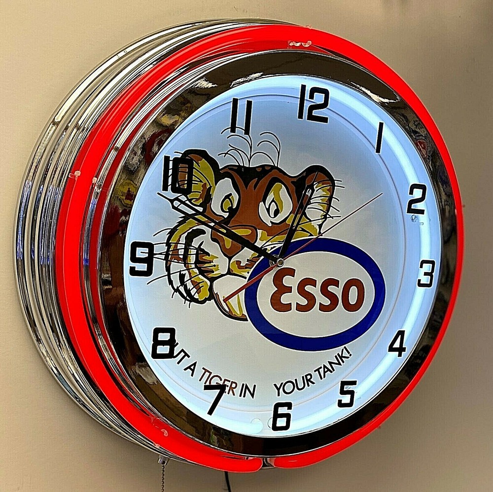 19" ESSO Tiger Gasoline Sign Double Red Neon Clock