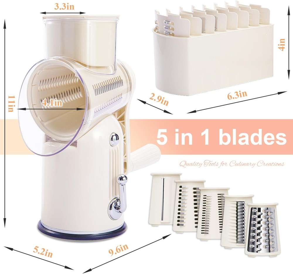 Manual Rotary Cheese Grater with Handle, 5 in 1 Replaceable Stainless White