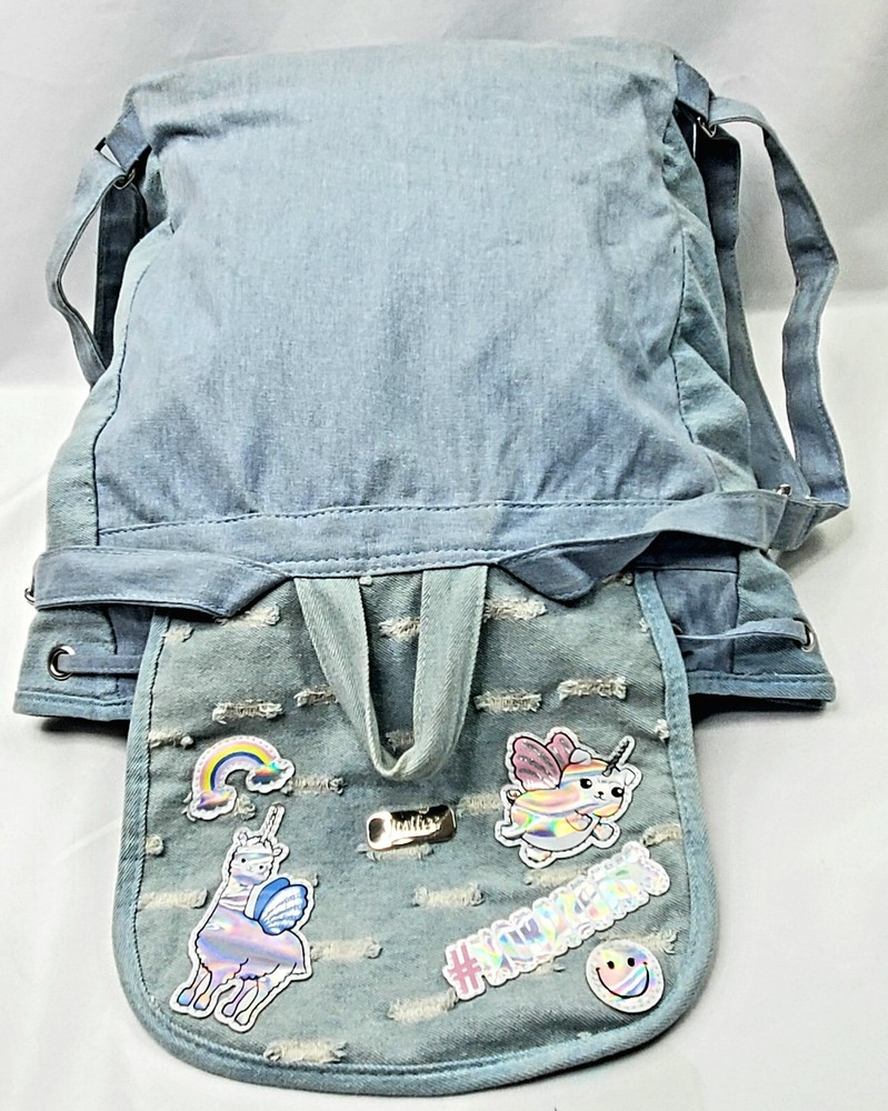 JUSTICE Distressed Denim Unicorns Rainbow Happy Flip Sequins Backpack Pre-owned