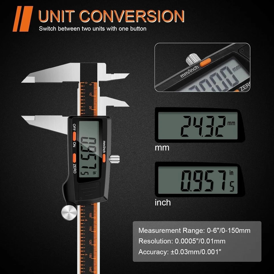 Digital Caliper 6 Inch with Large LCD Screen, Calipers Measuring Tool