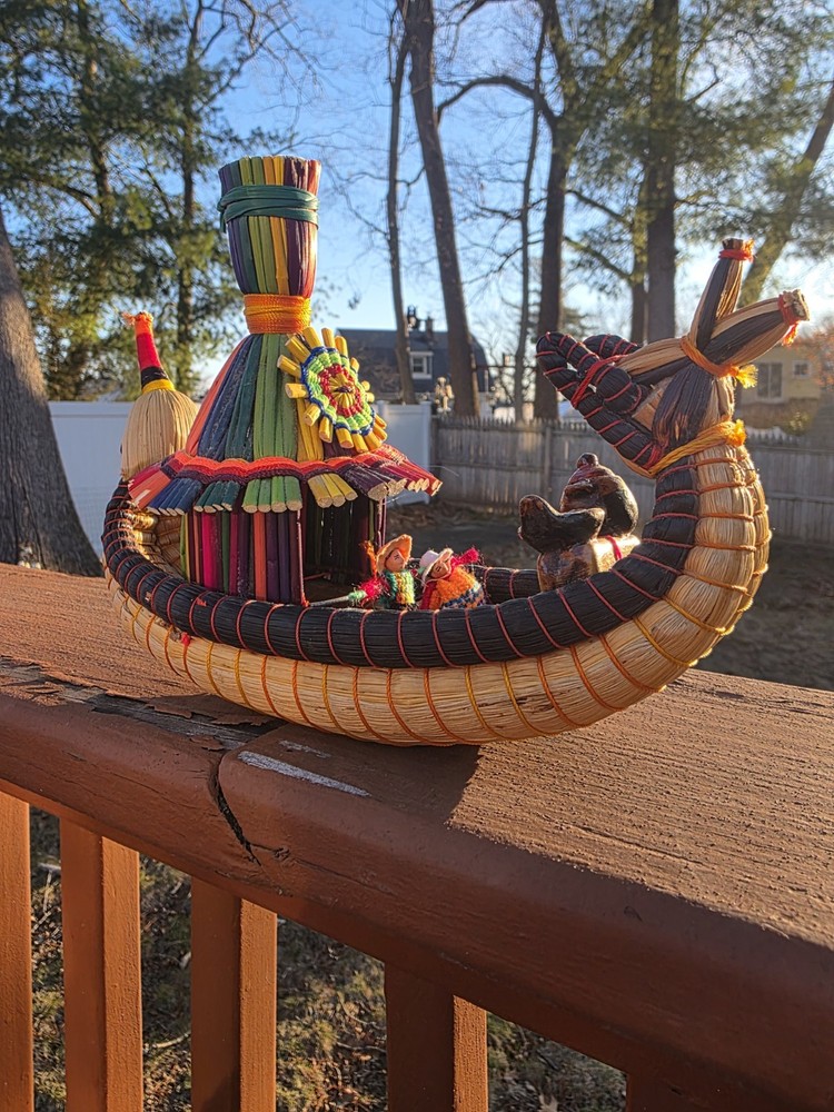 Peruvian Handmade Reed Boat with Hut & Figures