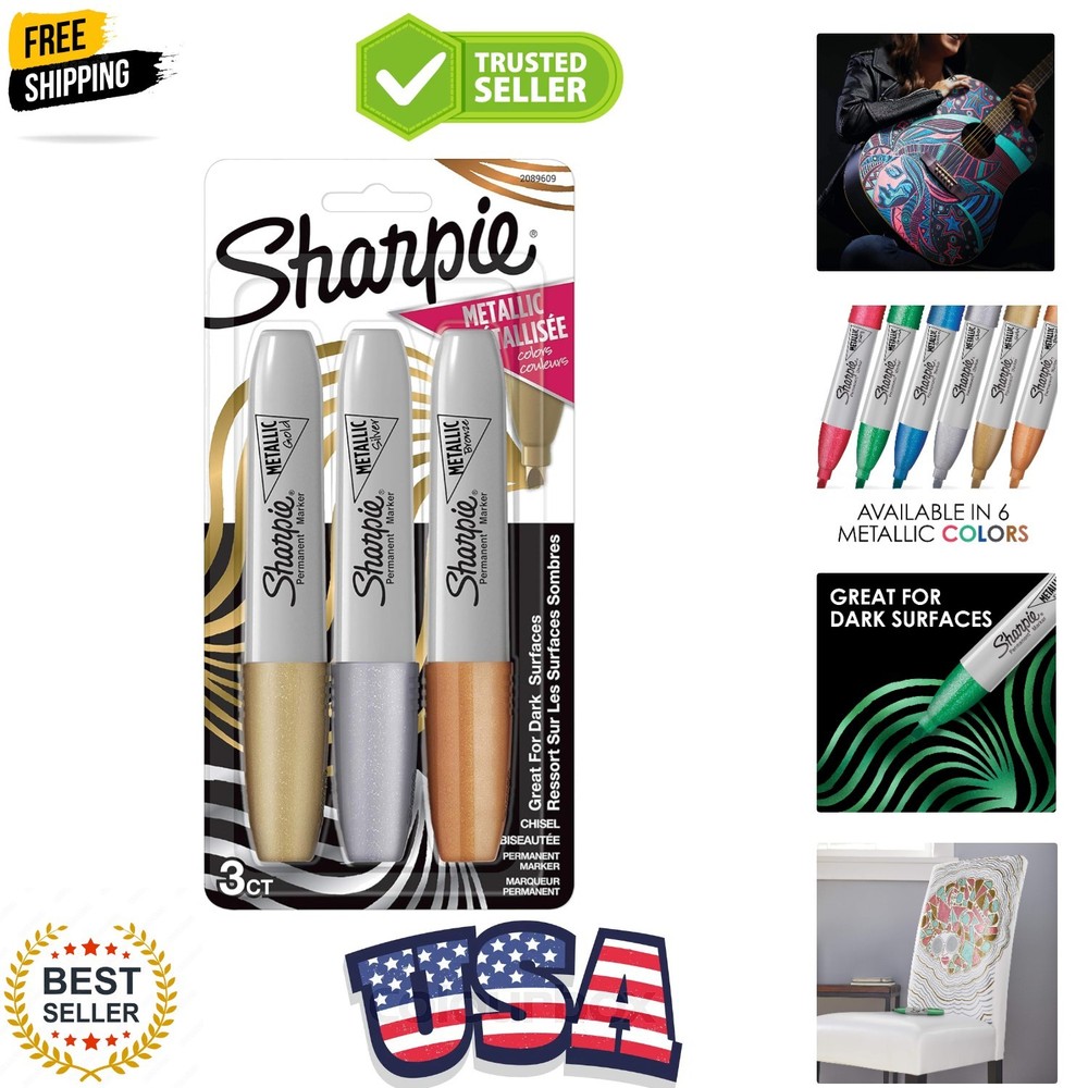 Metallic Permanent Markers, Chisel Tip, Assorted Colors, 3 Count