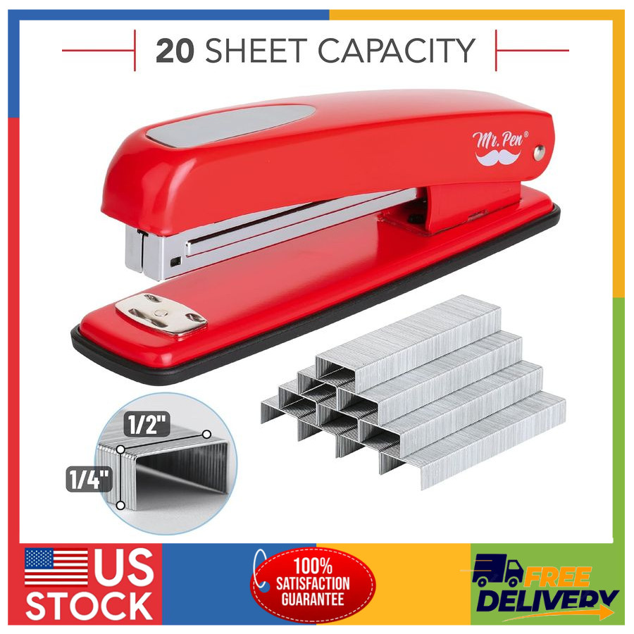 Desktop Stapler with Staples 20 Sheet Capacity 180 Degree Open Red for Students