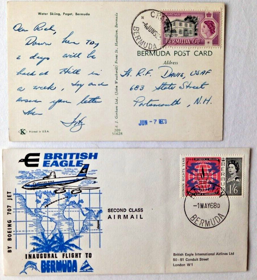 BERMUDA 1960s - 1970s FIVE POST CARDS FOR POSTMARKS + 1 FIRST FLIGHT COVER