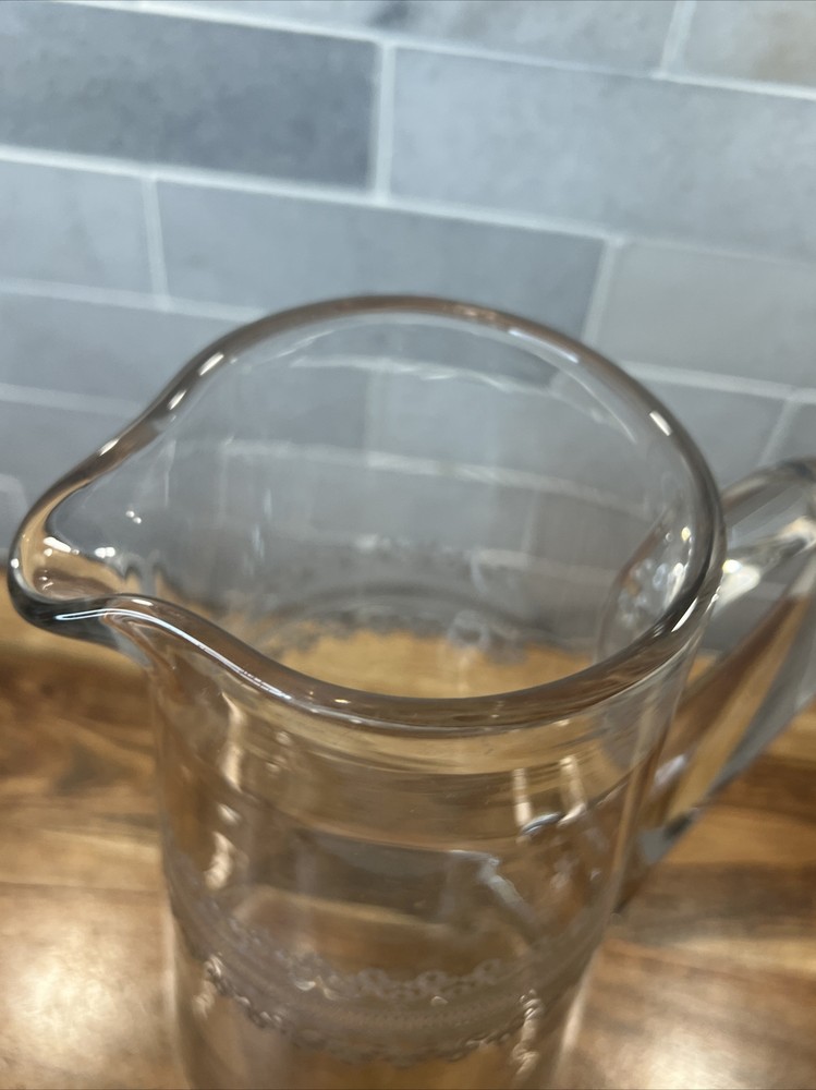 HAND BLOWN CRYSTAL ETCHED PITCHER 48oz OPEN LIP CRYSTAL APPLIED HANDLE