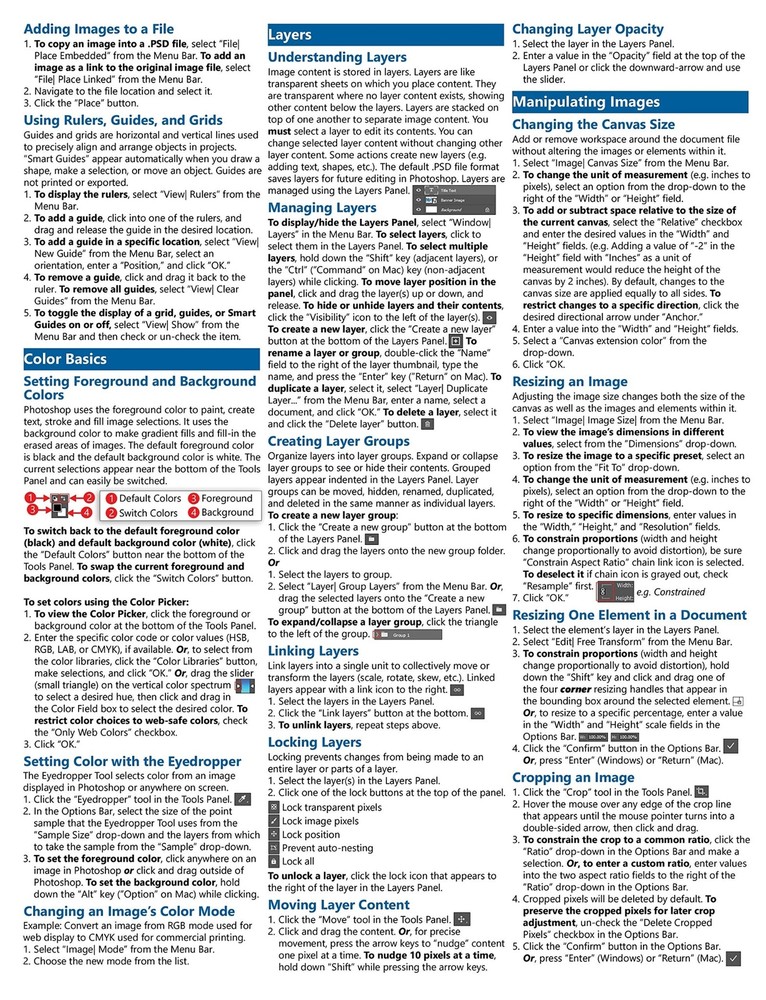 Photoshop 2020 Training Guide Quick Reference Card 4 Page Cheat Sheet Help
