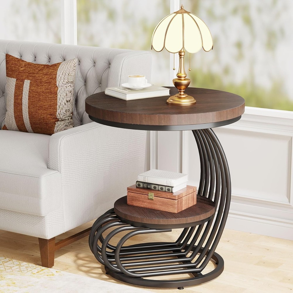 Round End Side Table: Side Table with 2 Tiers Storage Shelves
