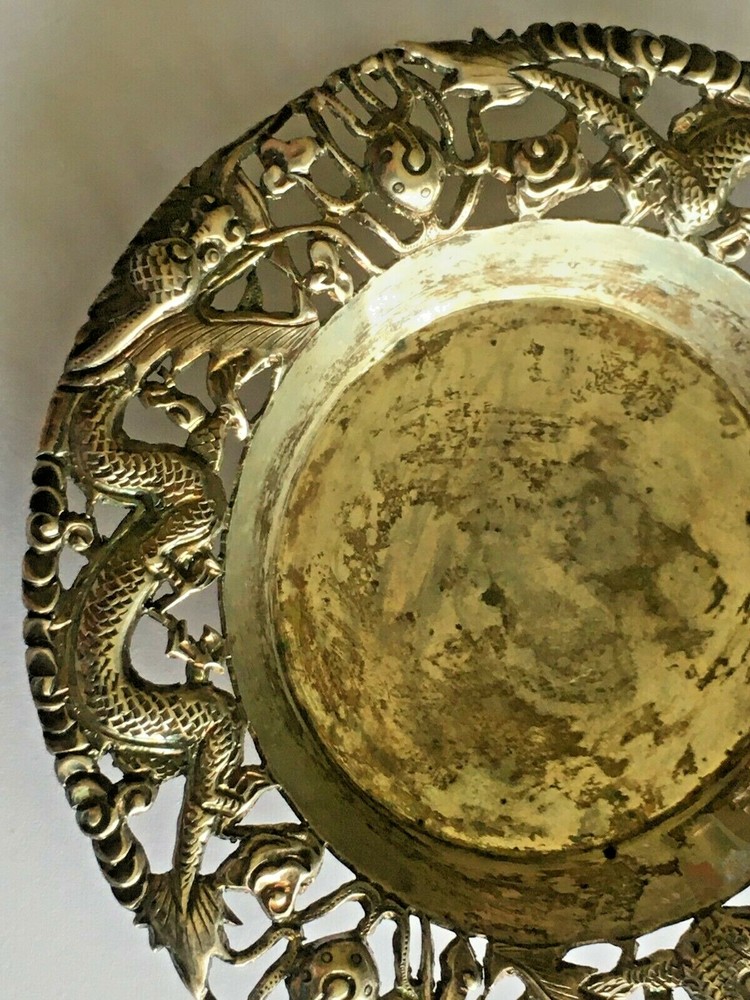 👍 1900s CHINA CHINESE SOLID SILVER DRAGON DISHES PLATES WITH HALLMARK 纯银
