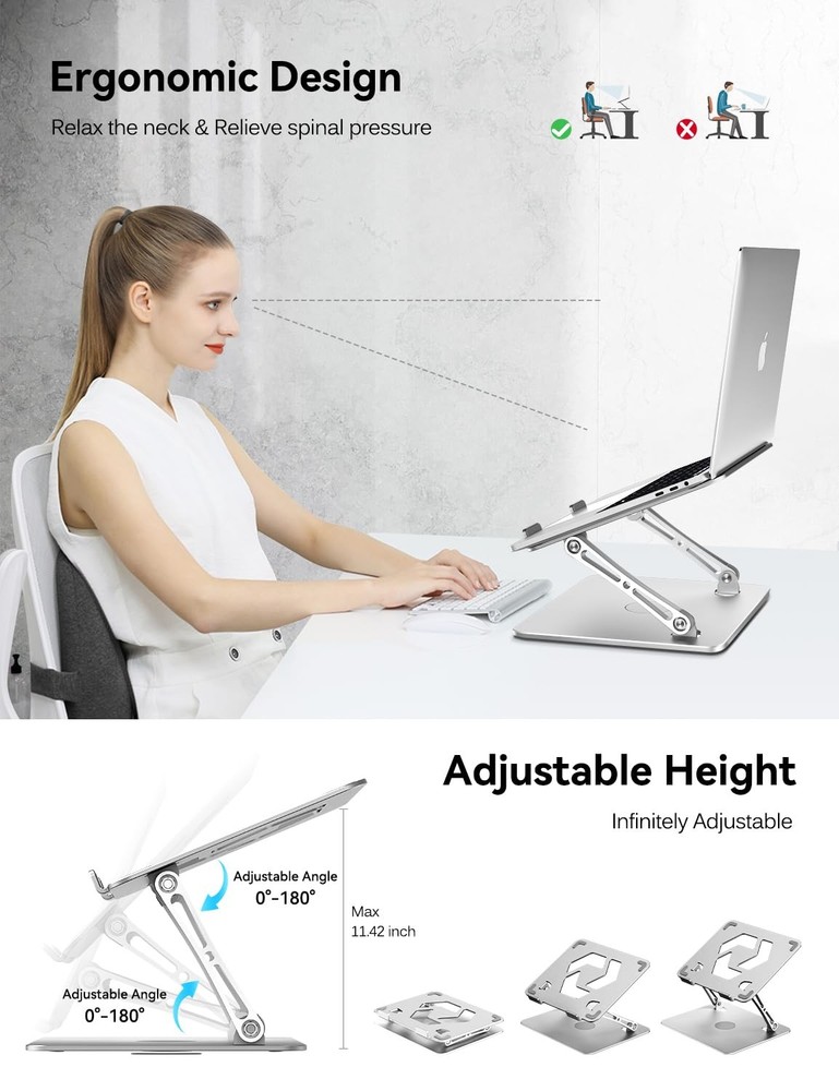 ivoler Adjustable Laptop Stand with 360° Rotating Base, Ergonomic Silver