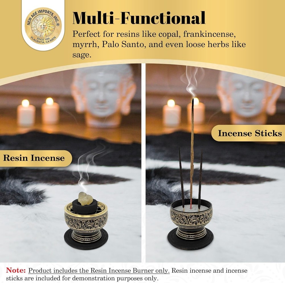 Compact Brass Charcoal Incense Burner with Intricate Patterns & Coaster Included