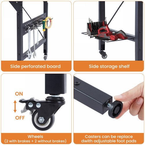 48"Heavy-Duty Adjustable Workbench w/Pegboard & Power Outlets Work Bench Rolling