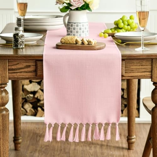 Tassel Table Runner, Linen Blend Rustic 13" x 72", Table Runner Blush Pink
