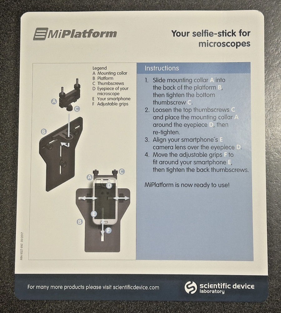 MiPlatform Scientific Microscope Phone Adapter Holder Picture Lab Flick Open Box