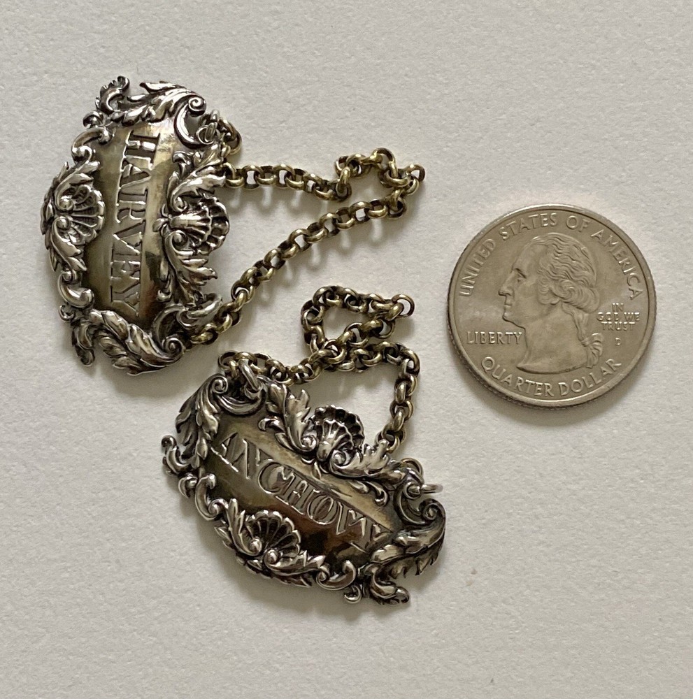 Antique SILVER BOTTLE LABLES - Pair, Harvey & Anchovy, Solid Silver (5I12)