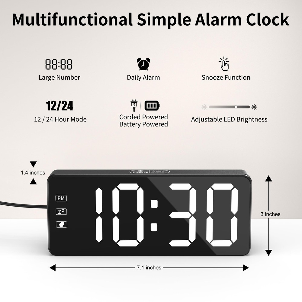 Bedside Clock with Oversized Buttons, 2.4'' LED Digits Display, 24H Memory & ...