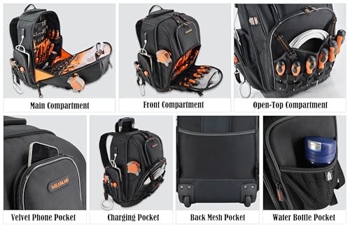 72-Pocket Rolling Tool Backpack - Large Wheeled Electrician Bag for Tools, Gear