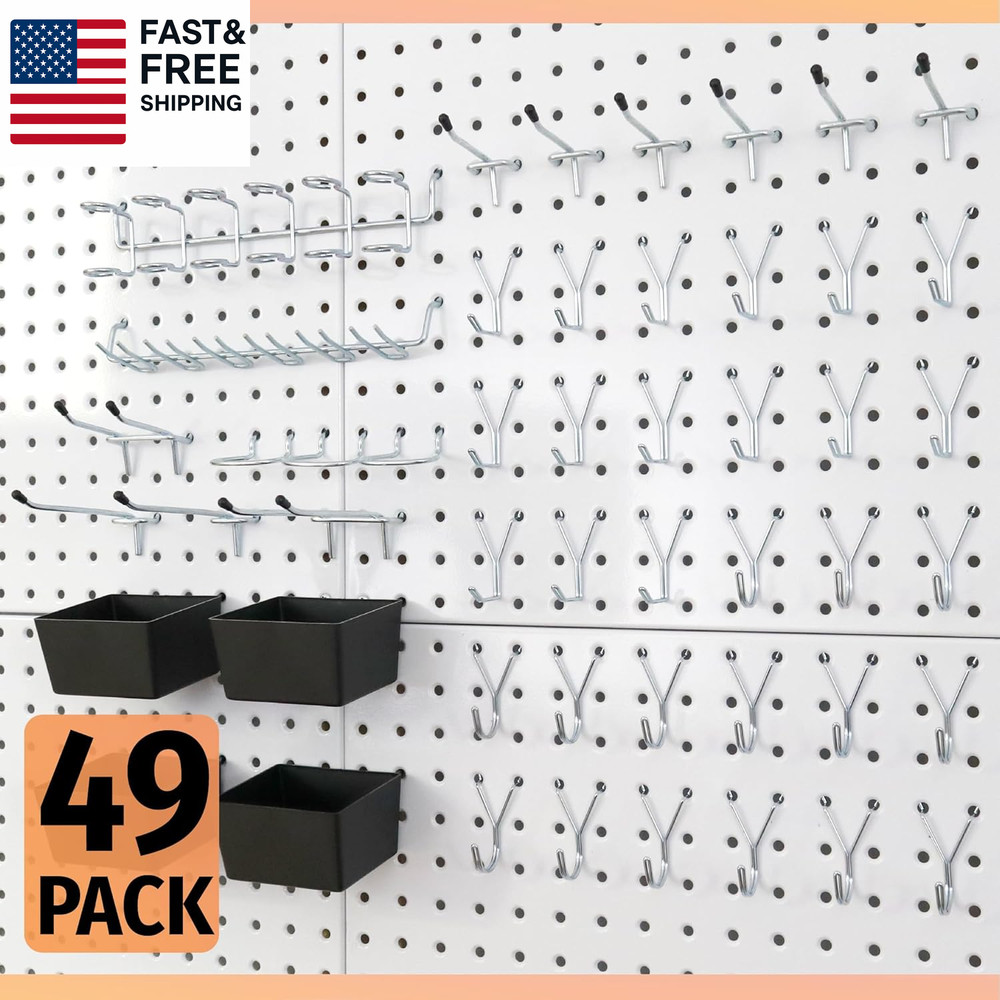 49 Piece Pegboard Hooks Assortment Kit with Pegboard Bins Garage Tool Organizer
