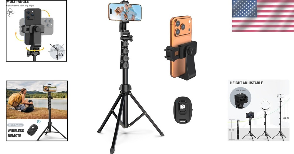 Lightweight 64” Tripod for Cell Phone & Camera – Adjustable Height & Easy Setup