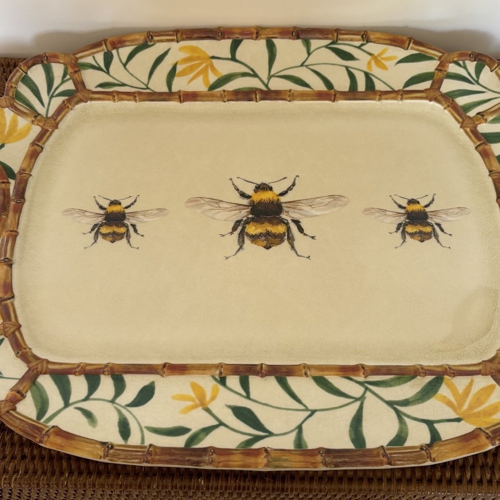 Melamine Picnic Platter Tray Yellow Bee Pattern Bamboo Cheese Party Board