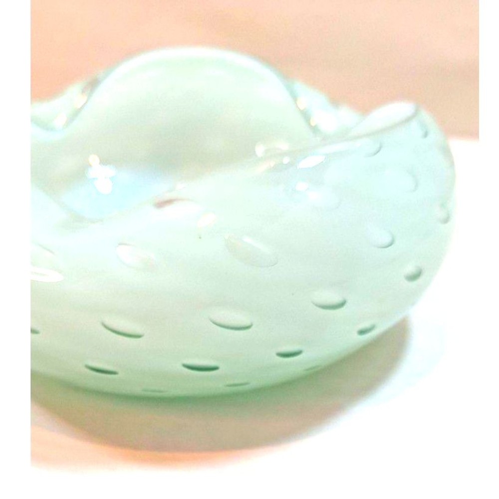 Vintage Art Glass Tri-Fold Bowl Light Blue Controlled Bubble