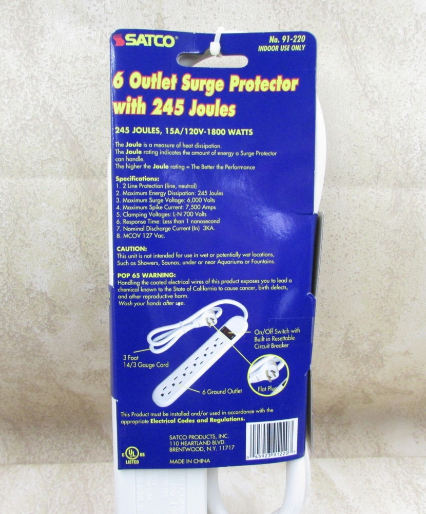 2 PACK 6 Outlet Surge Protector Electrical Strip Switch, Flat Wall Plug, 3' Long