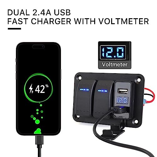 Rocker Switch Panel with 4.8 Amp Dual USB Charger Voltmeter 2 Gang Black+USB
