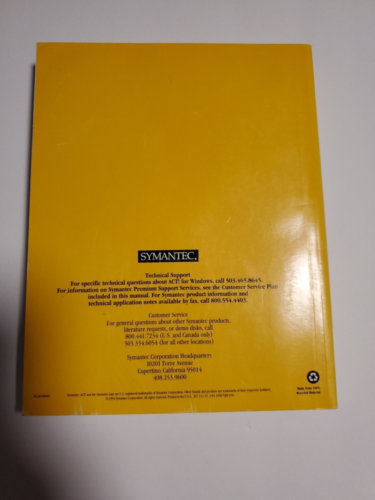 Symantec Users Guide Windows 98/95/NT Act! 2000 Manual And Version 2 WINDOWS