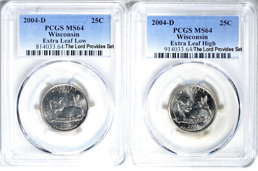 20th Anniversary WI Extra Leaf Low & High Quarters PCGS MS64